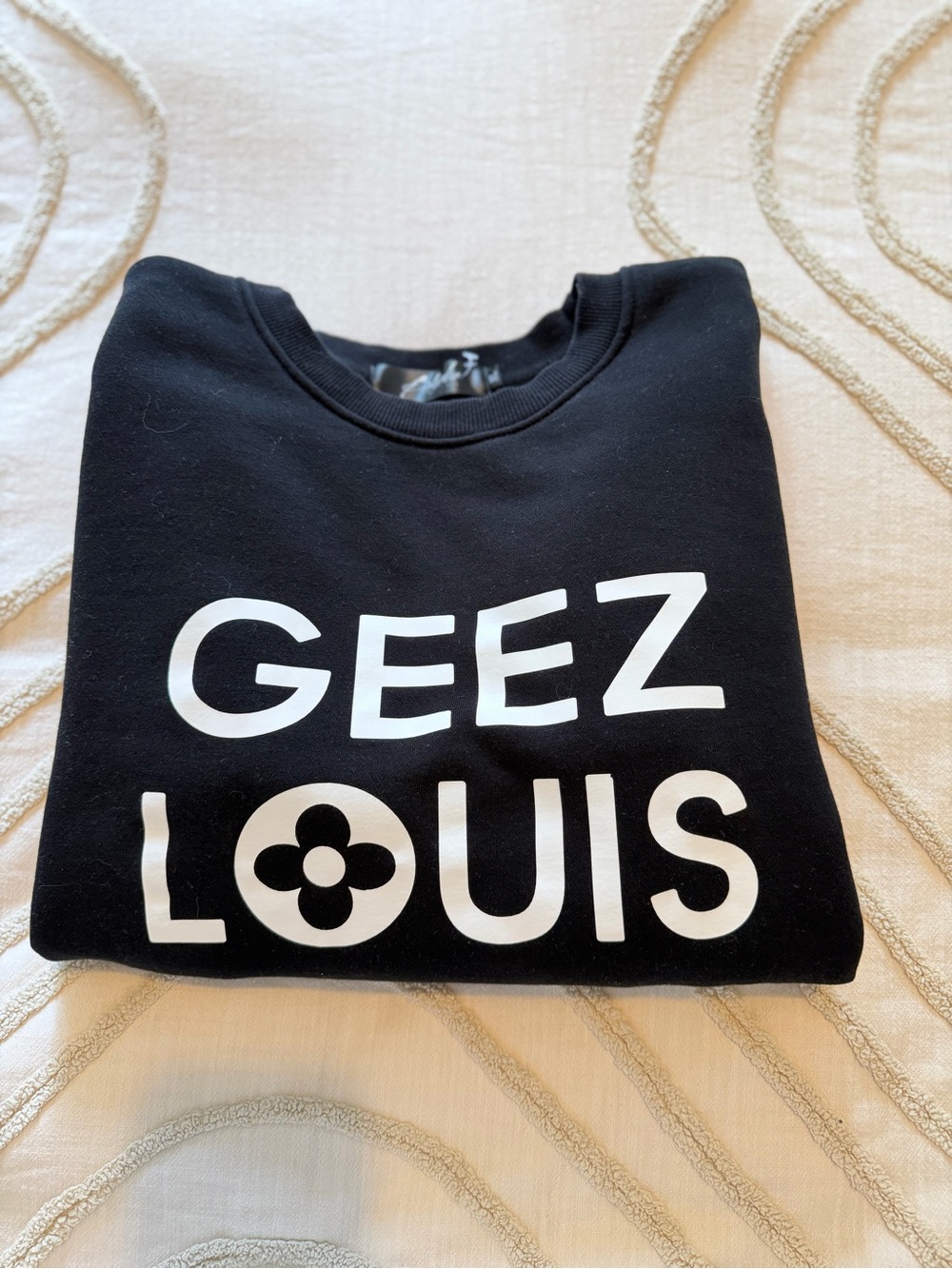 Black Graphic Crewneck Sweater with White 'GEEZ LOUIS' Print